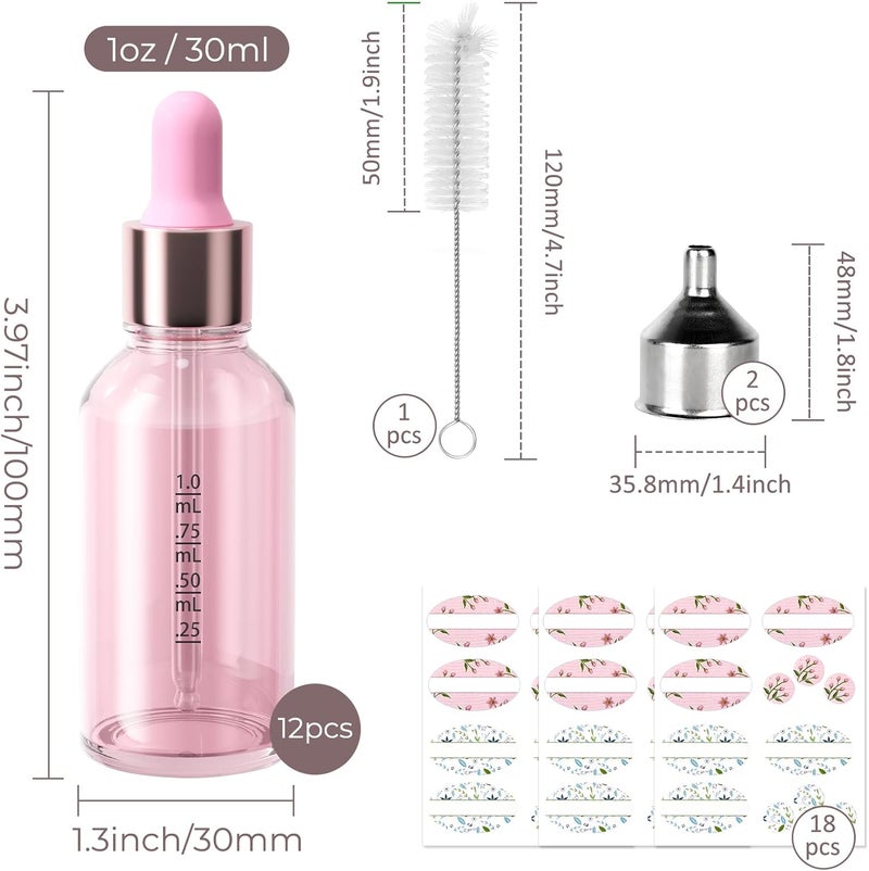 CycleMore 12 Pack (30 ml) 1 oz Pink Glass Boston Bottles with Glass Scale Eye Droppers, Glass Cosmetic Droppers for Beauty, Essential Oils, Makeup & More Liquids Ideal for Mom or Friends - Image 3
